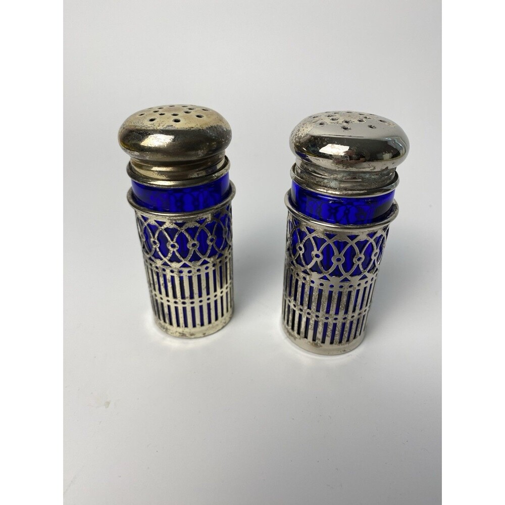 Regency 4 Inch Blue Cobalt Glass Salt Pepper Shaker Set Of 2 Silverplated